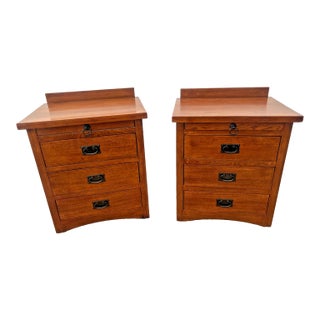 Oak Nightstands Side Tables, Mission Style, Three Cedar Lined Drawers, Notepad Pull Out. For Sale