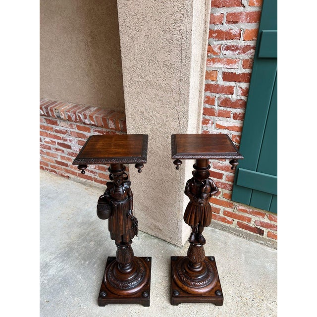 Antique French Breton Pedestal Stands Pair Carved Figural Display Brittany C1900 For Sale - Image 13 of 18