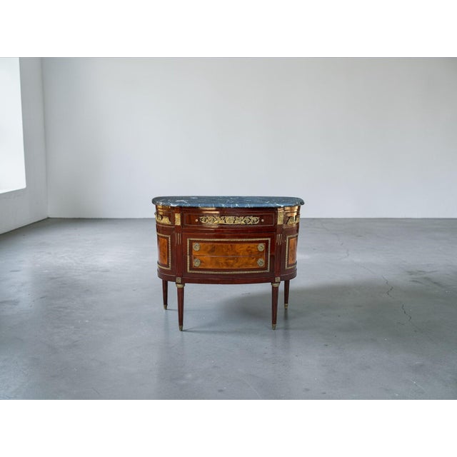 French Vintage French Ormolu Louis XVI Wood Commode Chest Marble Top For Sale - Image 3 of 12