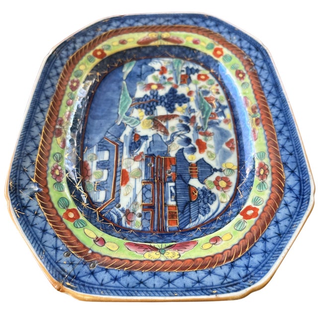 Ceramic 19th C Japanese Imari Porcelain Plater Featuring Pagodas, Moths, and Junk Ships With Historic Staple Repairs | Late Edo–Early Meiji, Circa 1860–1885 For Sale - Image 7 of 9