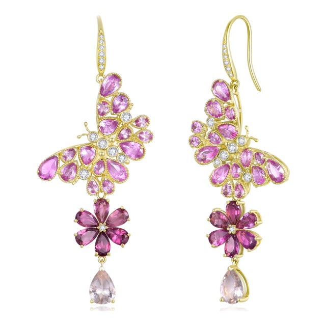 Nina Zhou Butterfly Blossoms 9.58ctw Pink Sapphire, Tourmaline, Morganite & Diamond Convertible Drop Earrings For Sale