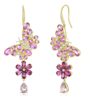 Nina Zhou Butterfly Blossoms 9.58ctw Pink Sapphire, Tourmaline, Morganite & Diamond Convertible Drop Earrings