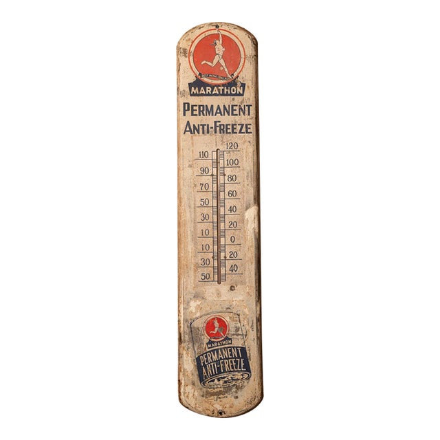 Vintage Wooden Marathon Permanent Anti-Freeze Thermometer For Sale
