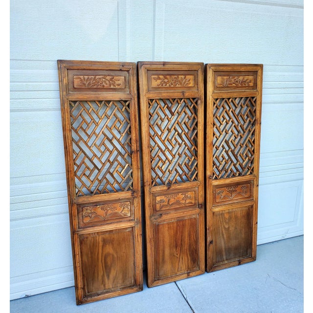 Late 19th Century Antique Chinese Carved Handcrafted Wood Panels- Set of 3 For Sale - Image 4 of 12