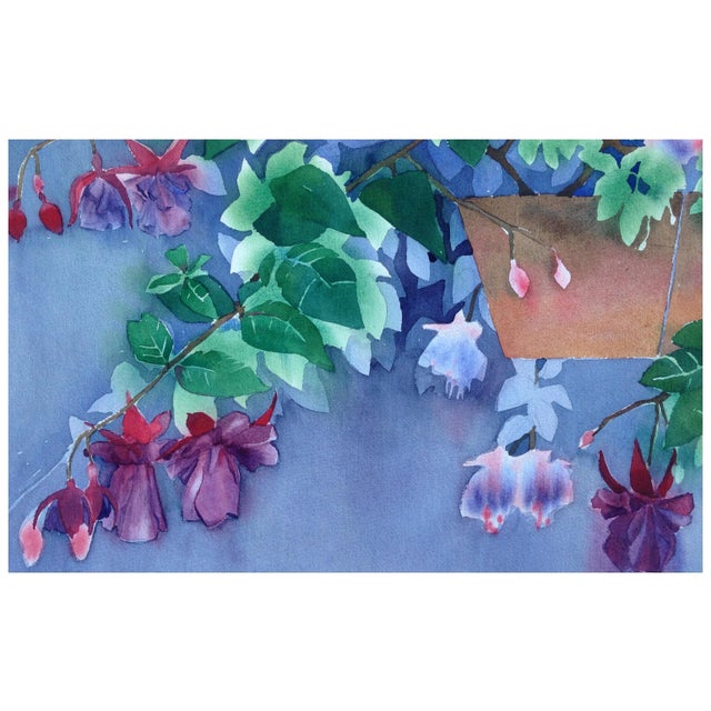 American 1980s "Hanging Fuchsia Flowers" Botanical Still Life Watercolor Painting by Rose Sloan, Framed For Sale - Image 3 of 6