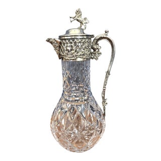 1900s Victorian Cut-Crystal and Silverplate Claret Jug With Lion Finial and Bacchus Spout For Sale