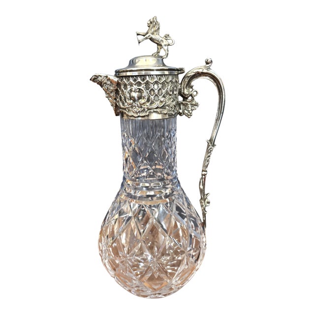 1900s Victorian Cut-Crystal and Silverplate Claret Jug With Lion Finial and Bacchus Spout For Sale