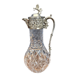 1900s Victorian Cut-Crystal and Silverplate Claret Jug With Lion Finial and Bacchus Spout