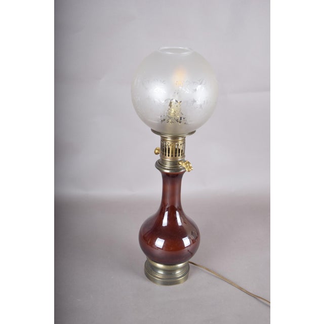 Amber-Brown Glass and Brass Table Lamp with Etched Glass Globe, 1950s For Sale - Image 14 of 18