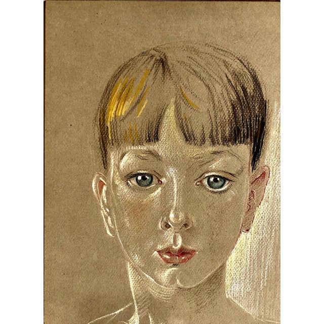 This artwork is a mid-century, mixed-media portrait on paper, executed primarily in colored pastels, charcoal and white...