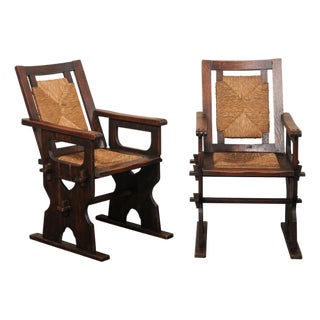 Mid 20th Century Spanish Wood & Hand-Rush Arm Chairs For Sale