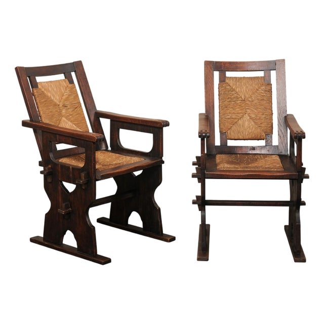 Mid 20th Century Spanish Wood & Hand-Rush Arm Chairs For Sale