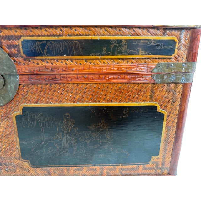 Chinoiserie Maitland Smith Chinoiserie Trunk Set of 3 With Brass Hardware Hand Painted Panels Complete Set Chests For Sale - Image 3 of 12