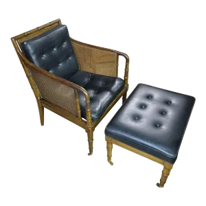 Vintage Hickory Chair Hollywood Regency Campaign Faux Bamboo Leather Armchair and Ottoman