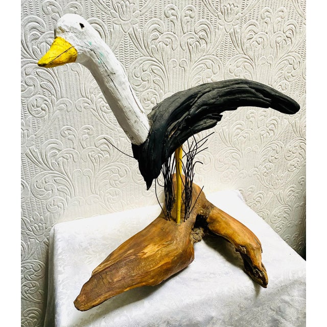 Vintage Coastal Hand-Carved and Painted Large Seagull Driftwood Statue For Sale - Image 4 of 13