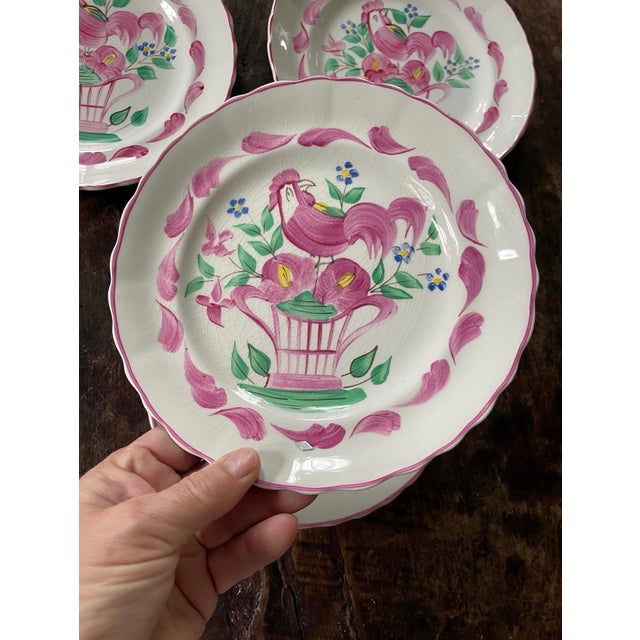 Ceramic Set of Four (4) Pink English Chanticleer Fondeville England 7 7/8” Plates For Sale - Image 7 of 9