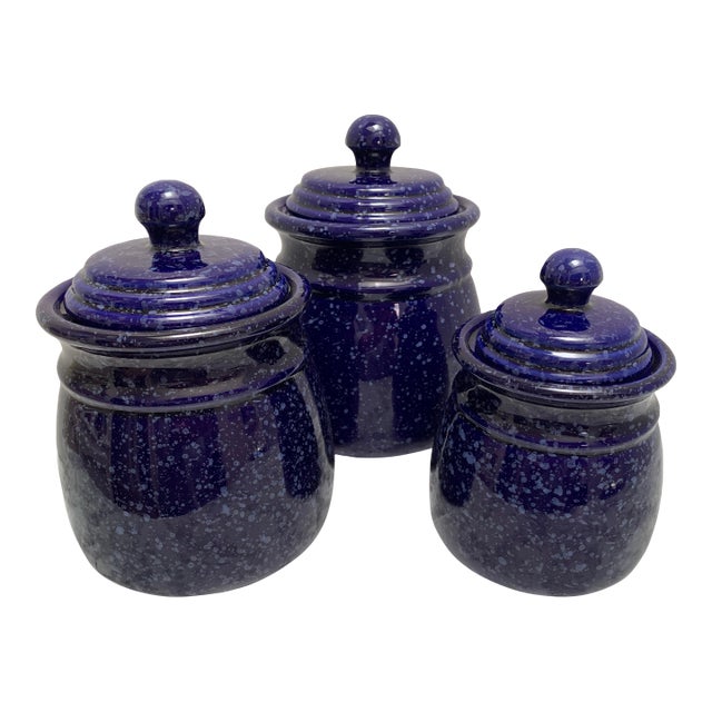 Vintage Cobalt Blue Pottery Ceramic Storage Containers, Set of Three For Sale