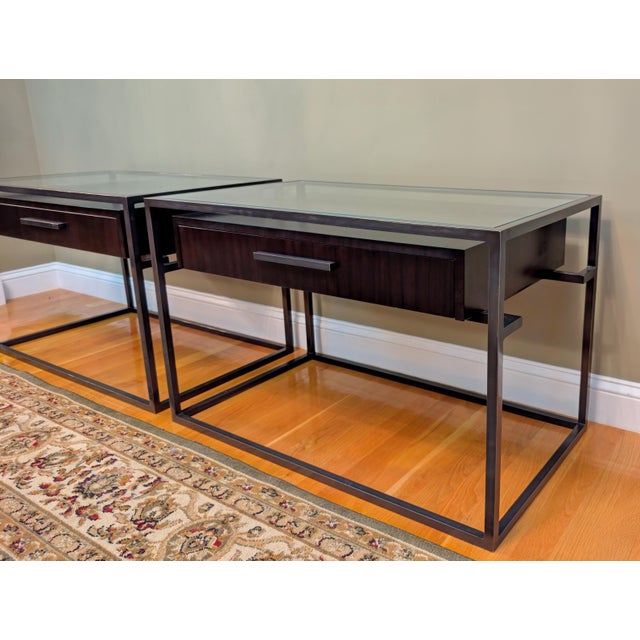 2000 - 2009 Restoration Hardware Industrial Glass-Top Nightstands, Herringbone Wood Inlay – Pair For Sale - Image 5 of 5