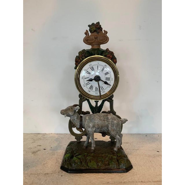 Brown Small Polychrome Spelter Clock with Goat Decoration For Sale - Image 8 of 9
