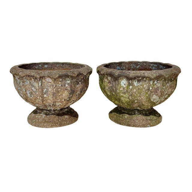 Pair Terracotta Garden Urns, Lobed Campana Form, Weathered Finish For Sale