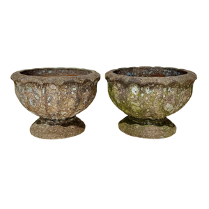 Pair Terracotta Garden Urns, Lobed Campana Form, Weathered Finish