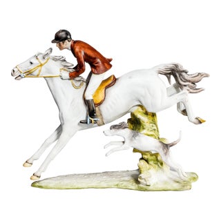 Hand Painted Vintage German Porcelain Horse Fox Hunting Dog Statue Sculpture For Sale