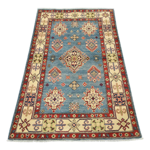 Kazak Rug 4′ X 5’10” Blue Wool Tribal Hand-Knotted Oriental Carpet