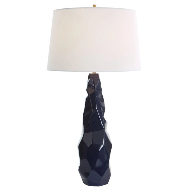 This Ceramic Table Lamp Showcases A Contemporary Abstract Geometric Design Finished In A Striking Navy Blue Gloss Glaze...