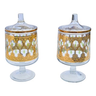Mid 20th Century Green & Gold Patterned Culver Glass Candy Jars- Set of 2 For Sale