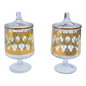 Mid 20th Century Green & Gold Patterned Culver Glass Candy Jars- Set of 2