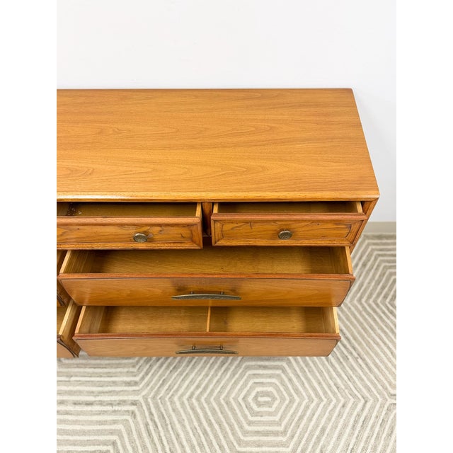 Heritage MCM Lowboy 7-Drawer Dresser Unique Brass Pulls Vintage Long Dresser For Sale In Tampa - Image 6 of 14