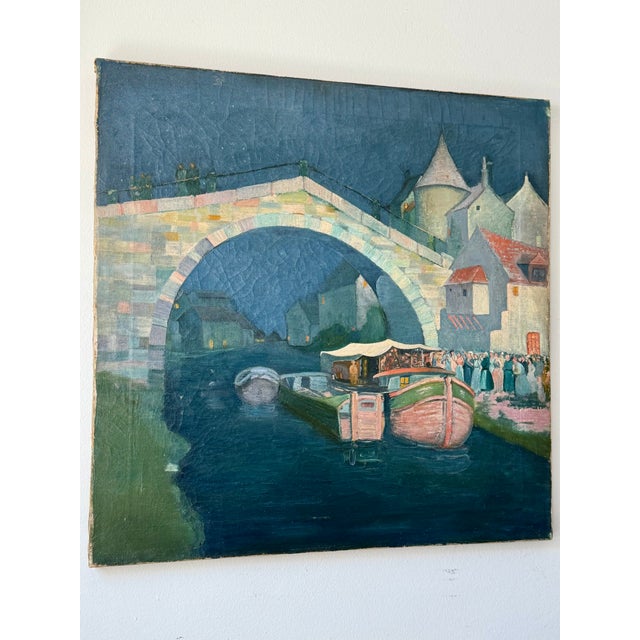 Textile Vintage Oil on Canvas European River Town at Night For Sale - Image 7 of 14
