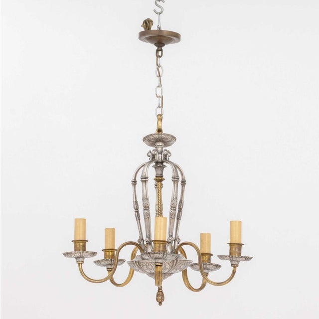 Dutch Baroque Style Pewter and Brass Five-Branch Chandelier. 29" H x 22" Diameter. Provenance: From a New York City...