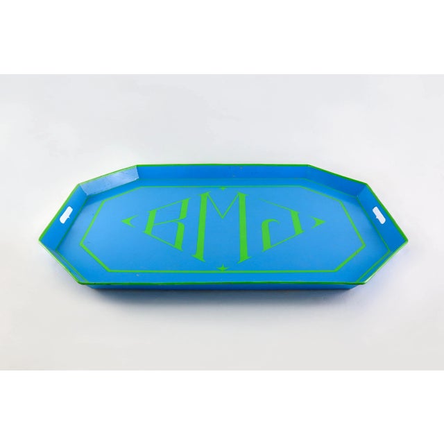 1970s 1970s Contemporary "Rmj" Green and Blue Octagonal Tole Tray For Sale - Image 5 of 5