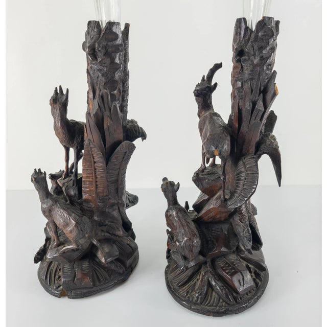 Brown Pair of German Carved Black Forest Walnut Vases For Sale - Image 8 of 13