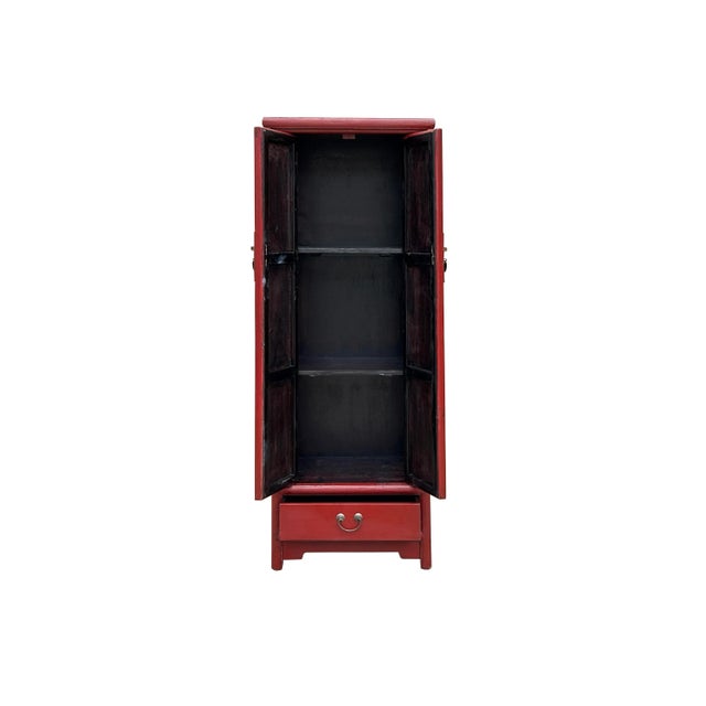 Traditional Oriental Classic Slim Red Lacquer Narrow Tall Storage Cabinet For Sale - Image 3 of 10