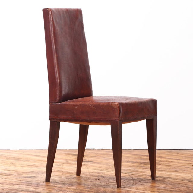 1940s Set of 6 French Wood and Leather Dining Chairs in the Manner of Jean-Michel Frank, C. 1940 For Sale - Image 5 of 7