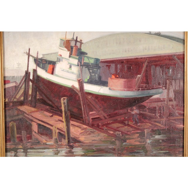 Painting of a Boat in Dry Dock by Sam Hyde Harris (1889-1977) For Sale - Image 4 of 13