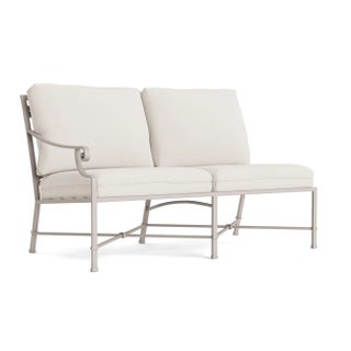 Brown Jordan Venetian Left Arm Loveseat, Dove frame with Fusion Natural fabric For Sale