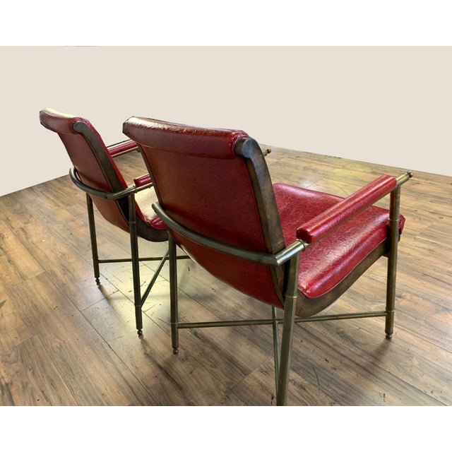 Mastercraft Chairs ~ Pair Vintage Mastercraft Style Red Hollywood Regency Brass Arm Chairs For Sale - Image 4 of 7