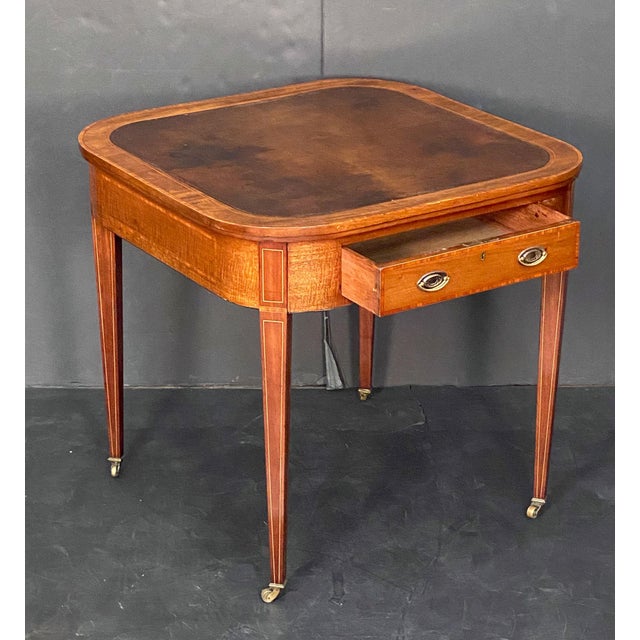 English Square Top Writing Table or Desk of Mahogany With Embossed Leather Top For Sale - Image 4 of 12