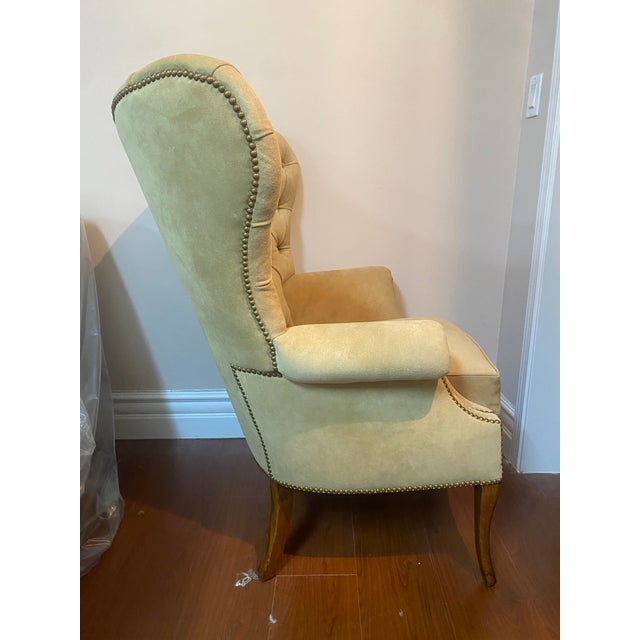 Tufted Wingback Chair in Italian Suede With French Nailheads For Sale In Los Angeles - Image 6 of 11