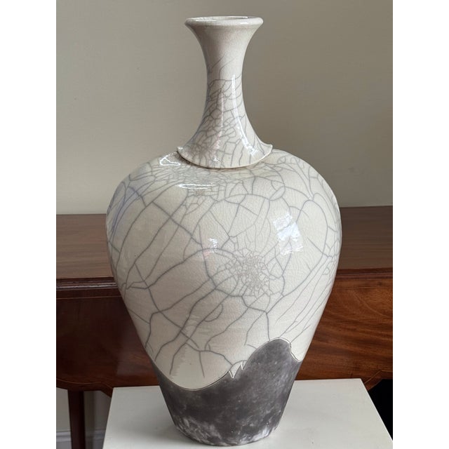 Contemporary Large Signed Kerry Gonzalez Raku Pottery Vase With Crackle & Smoke Glaze, 22" For Sale - Image 3 of 12