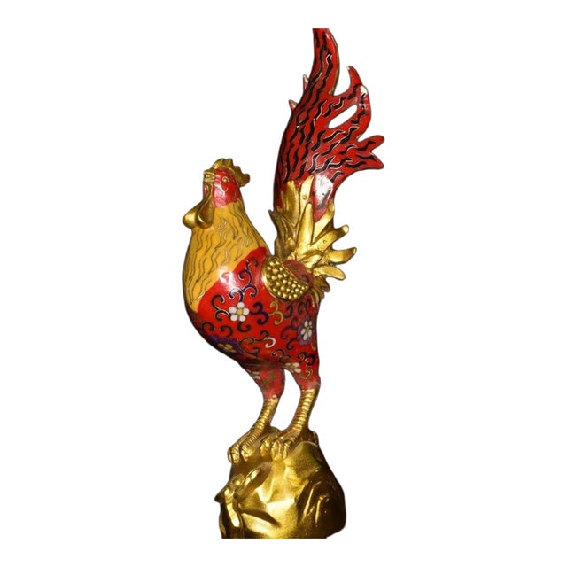 Late 19th Century Cloisonné Enamel Rooster Statue, Gilt Bronze Figure, 2.01kg For Sale