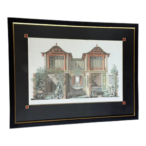Mid 20th Century Framed Hand Colored Etching of the Interior of a Chinese House, William Chambers
