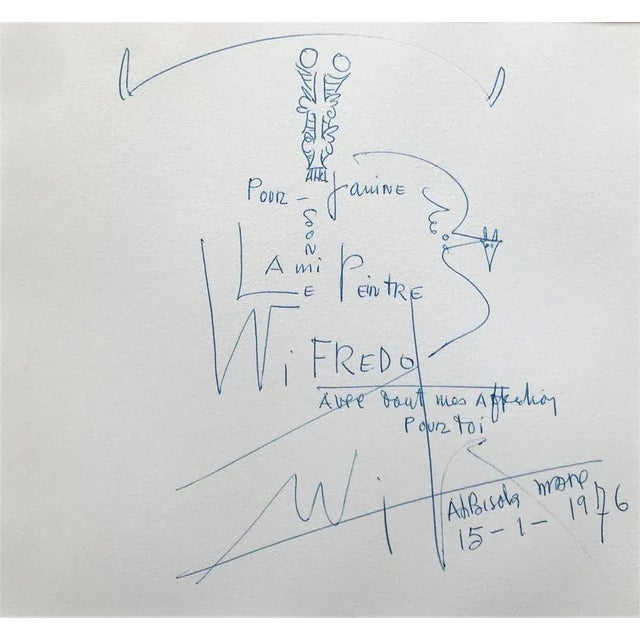 Wifredo Lam Symbolist composition, 1976 Original drawing in blue ballpoint pen on paper, 26 x 22 cm. Dedicated drawing...