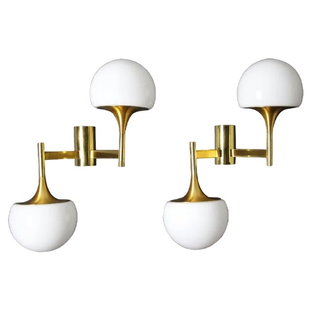 Mid-Century Modern Sconces in Brass & White Glass by Sciolari for Stilnovo, 1960s, Set of 2 For Sale