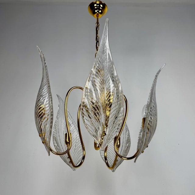 Large Brass and Murano Glass Leaves Chandelier, Italy, 1980s For Sale - Image 3 of 11