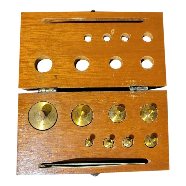 Antique Set of Brass Jewelers Weights in Wooden Case For Sale