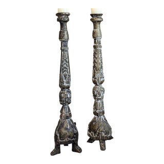 Antique Late 19th Century Baroque Carved Floor Pillar Candle Holders a Pair For Sale